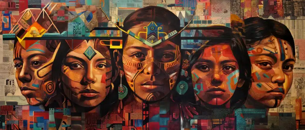 Abstract Mural of young Chicano Mesoamericans