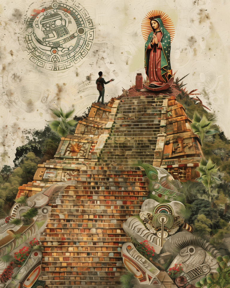 Juan Diego on top of hill with virgen de guadalupe